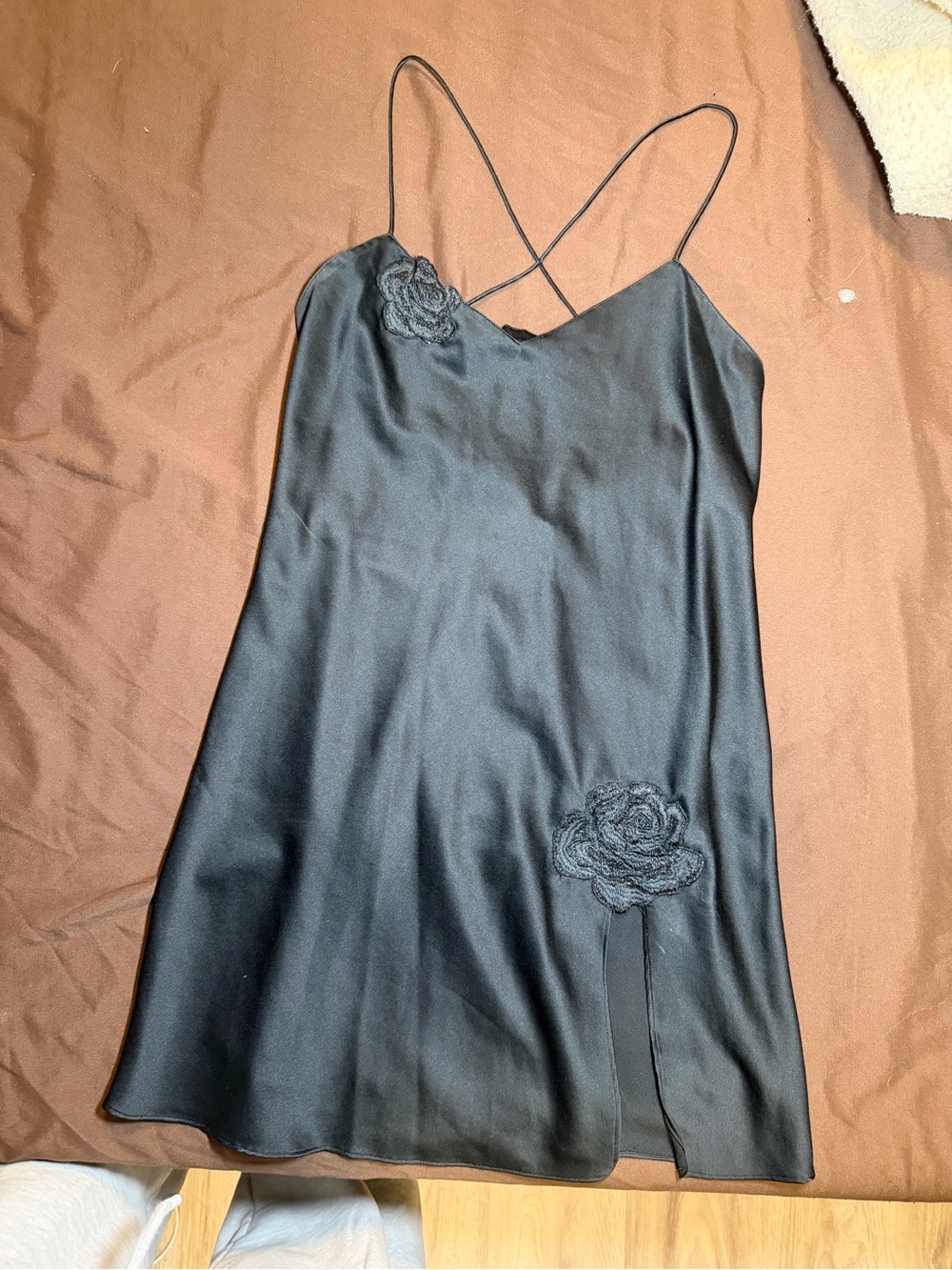 La SENZA Black Satin Slip Chemise with Floral Rosette Accents